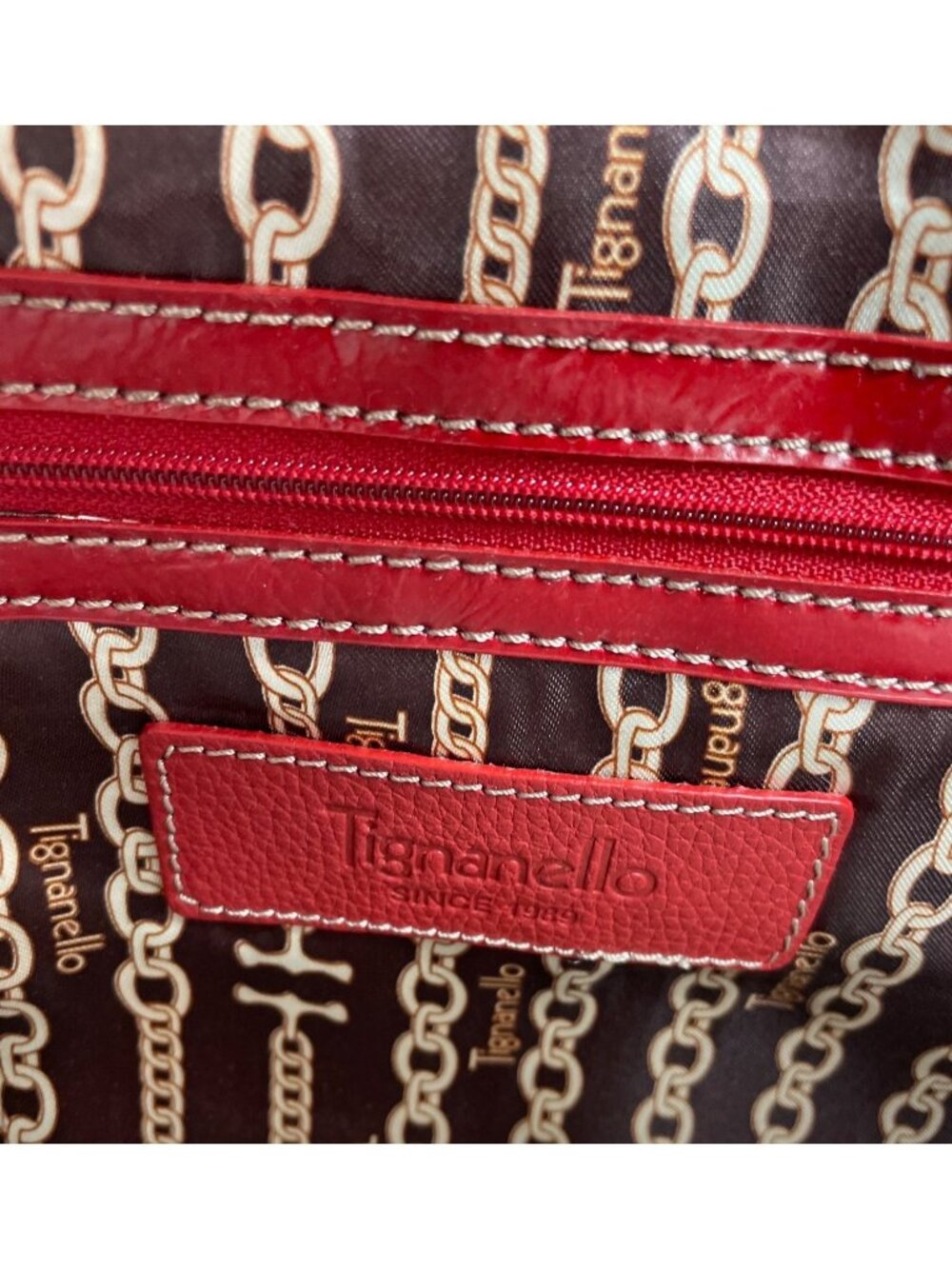 Tignanello Red Glossy Quilted Tote Bag With Dual Handles - Picture 10 of 16